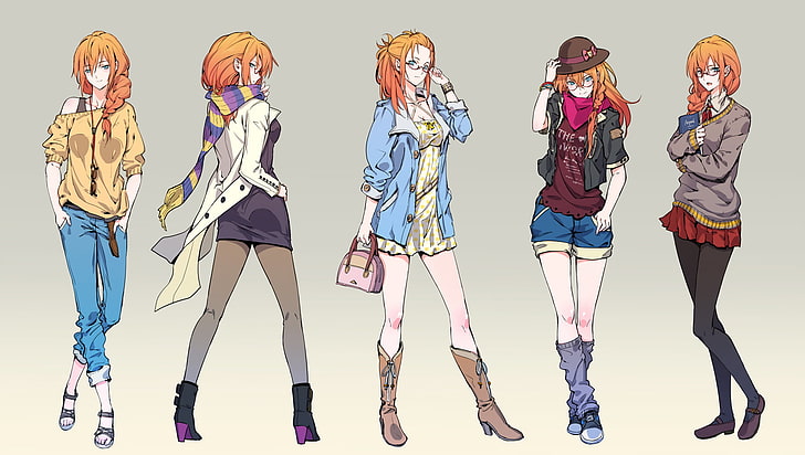 beş kız anime posteri, anime, kızıl saçlı, Ryuuzaki Itsu, orijinal karakterler, anime kızlar, kolaj, basit arka plan, HD masaüstü duvar kağıdı