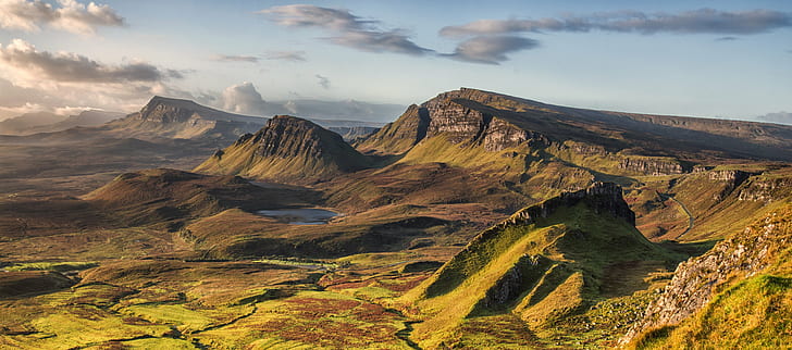 zdjęcie krajobrazowe gór skalistych pod zachmurzonym niebem, quiraing, skye, szkocja, quiraing, skye, szkocja, Quiraing, wyspa Skye, Szkocja, krajobraz, zdjęcie, góry skaliste, pochmurno, góra, natura, krajobrazy, islandia, wulkan, na zewnątrz, podróż, szczyt górski, Tapety HD