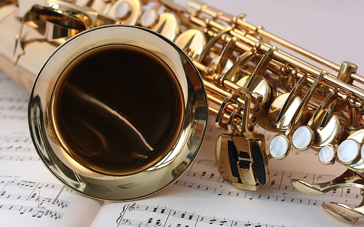 Close-up saxofone, pauta musical, saxofone, música, pauta musical, HD papel de parede
