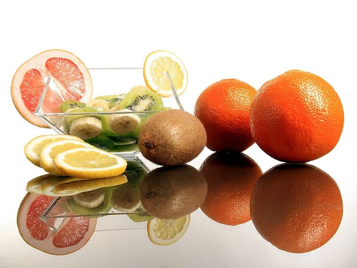 two orange fruits, oranges, lemons, kiwi, banana, dishes, fruit, HD wallpaper