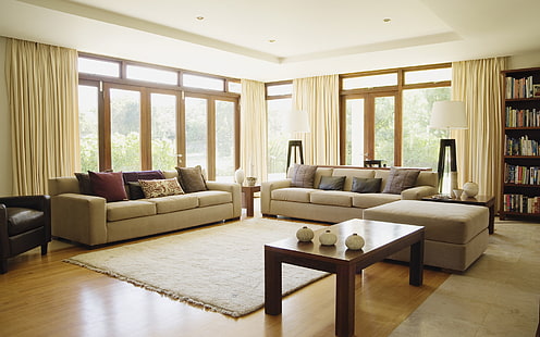 комплект диван от кафява тъкан, дизайн, маса, стая, килим, мебели, прозорци, интериор, столове, завеси, дивани, HD тапет HD wallpaper