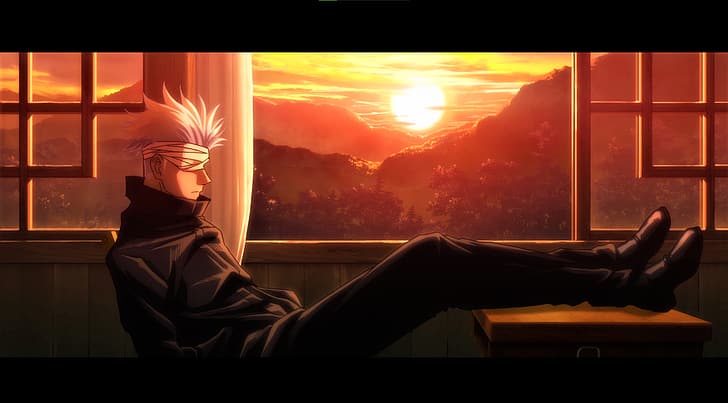 Jujutsu Kaisen, Satoru Gojo, uniforme, bandeau sur les yeux, cheveux blancs, bureau, le coucher du soleil, la nature, des arbres, Montagnes, fenêtre, Anime, Anime screenshot, Anime boys, des nuages, Fond d'écran HD