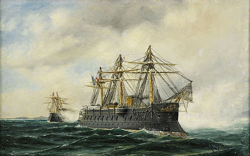 Sea, battleship, Herman Gustav Sillen, flag of France, Marint motiv, HD wallpaper HD wallpaper