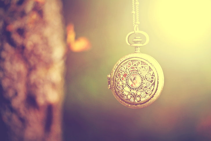 gold-colored pocket watch, light, time, watch, different, hang, HD wallpaper