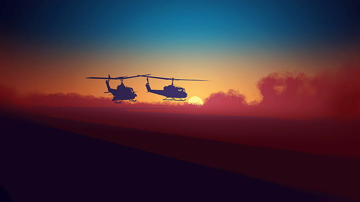 coucher de soleil, hélicoptères, nuages, minimalisme, militaire, UH-1, Fond d'écran HD