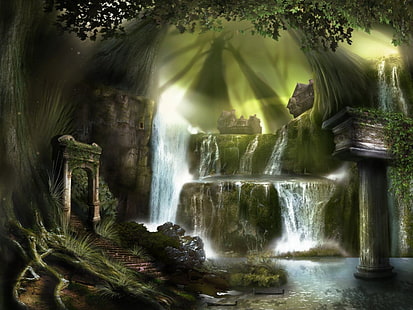 魅惑の森魅惑の森自然の森HDアート、緑、森、魅惑の滝、 HDデスクトップの壁紙 HD wallpaper