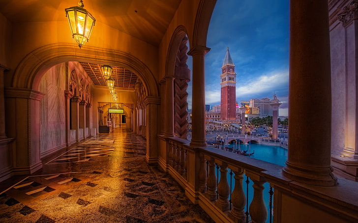 brown concrete hallway, corridor, lights, balcony, Venice, HD wallpaper