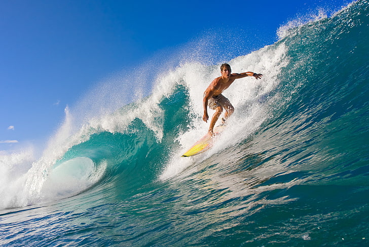 yellow surfboard, sea, wave, summer, water, the ocean, sport, ocean, surfing, weaves, boys, HD wallpaper