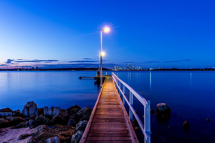brown wooden board walk view during night, applecross, applecross, Applecross, Jetty, board walk, view, night, Canon EF, 40mm, 4L, USM, 550D, Kiss, X4, Perth  Western Australia, Long Exposure, Lantau Island, Magic Hour, Sunset, Water, Swan River, Calm, Peaceful, Photo, Lights, City  View, Rocks, Clouds, Tungsten, White Balance, sea, pier, nature, harbor, landscape, lake, outdoors, sky, wood - Material, blue, HD wallpaper