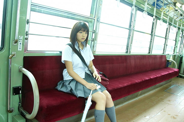 Asiático, uniforme de colegiala, vehículo, paraguas, mujer, modelo, Fondo de pantalla HD