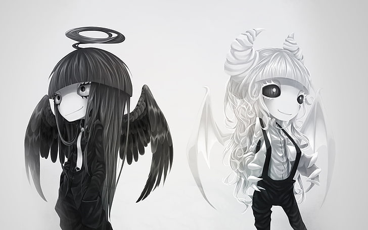 ангел и дявол илюстрация, бяло, черно, крила, ангел, демон, рога, ореол, HD тапет