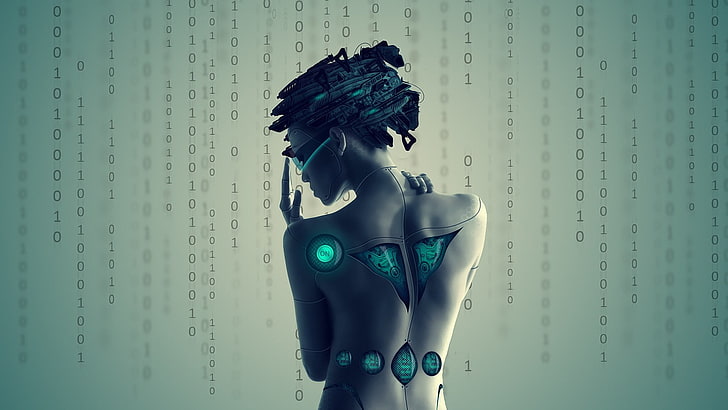 naga kobieta, cyberpunk, cyborg, dzieło sztuki, sztuka cyfrowa, kobiety, binarne, futurystyczny, maszyna, science fiction, liczby, Tapety HD