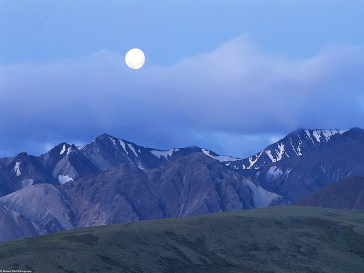 Berge, Landschaft, Mond, Natur, schneebedeckte Spitze, HD-Hintergrundbild