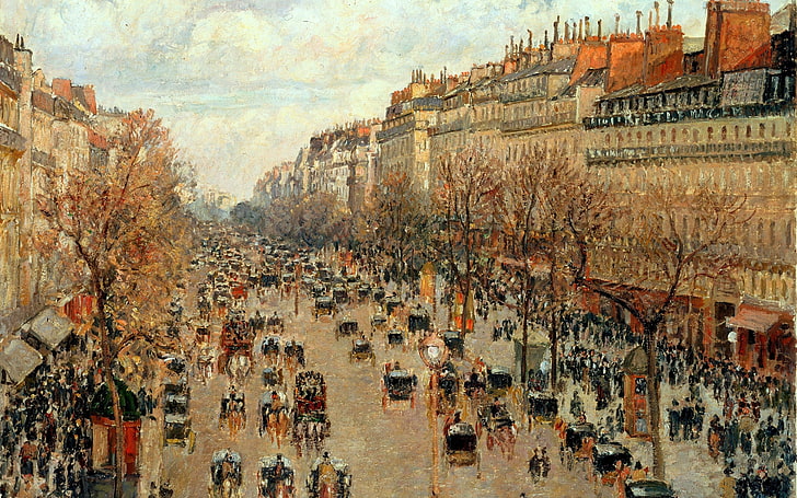 artwork, painting, architecture, building, Camille Pissarro, Paris, Montmartre, street, people, crowds, trees, urban, horse, HD wallpaper