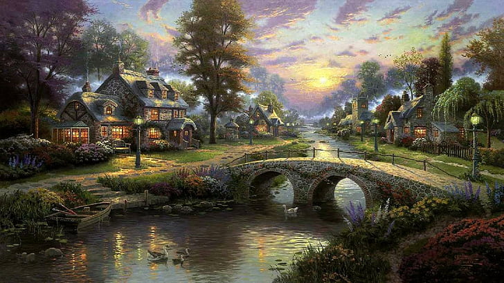 Village Stream, arroyo, iglesia, puente, adoquines, puesta de sol, árboles, pueblo, techo de paja, barco, cabaña, río, Inglaterra, Fondo de pantalla HD
