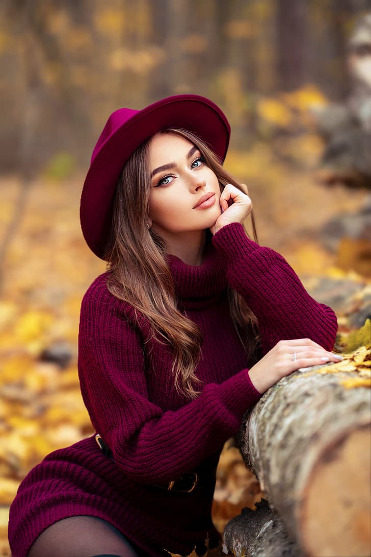 Olga Boyko, women, hat, brunette, makeup, red clothing, nature, fall, HD wallpaper