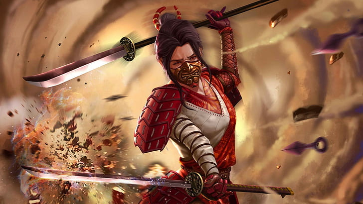 Mujer con dos espadas ilustración, samurai, Fondo de pantalla HD
