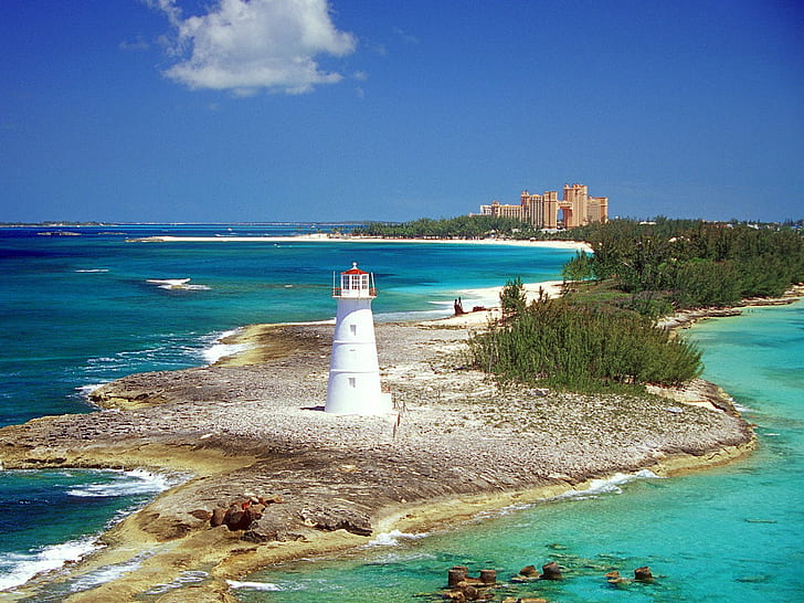 Paradise Island, Nassau Bahamas HD, white light house pendant la lumière du jour, plage, île, paradis, bahamas, nassau, Fond d'écran HD