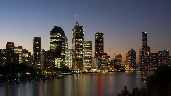 ночь, Квинсленд, река, здания, горизонт, вечер, небо, центр города, сумерки, брисбен, мегаполис, небоскребы, огни города, городской пейзаж, горизонт, мегаполис, австралия, HD обои
