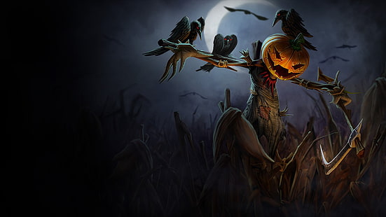 axe, dark, Halloween, moon, night, holiday, pumpkin, scary, scarecrow, spooky, crows, crescent, HD wallpaper HD wallpaper