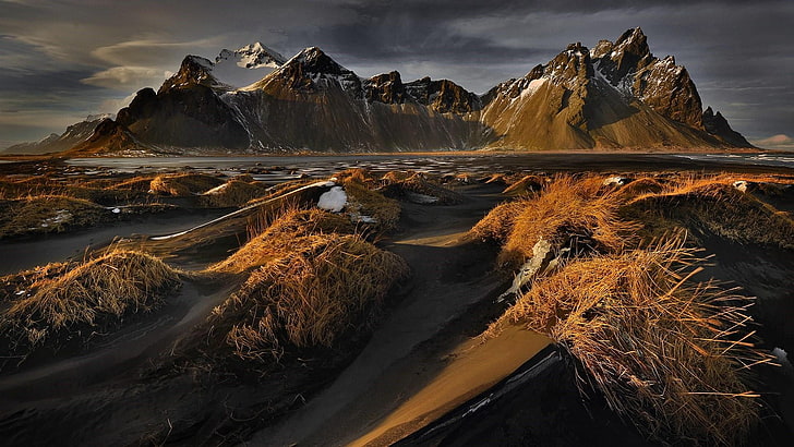 stokksnes, vatnajokull, vestrahorn, национален парк vatnajokull, национален парк, eystrahorn, планини vestrahorn, brunnhorn, Исландия, планина, върхове, HD тапет