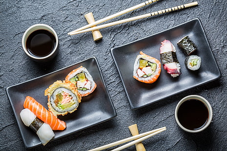 Stöcke, Sushi, Brötchen, japanische Küche, Sojasauce, HD-Hintergrundbild HD wallpaper