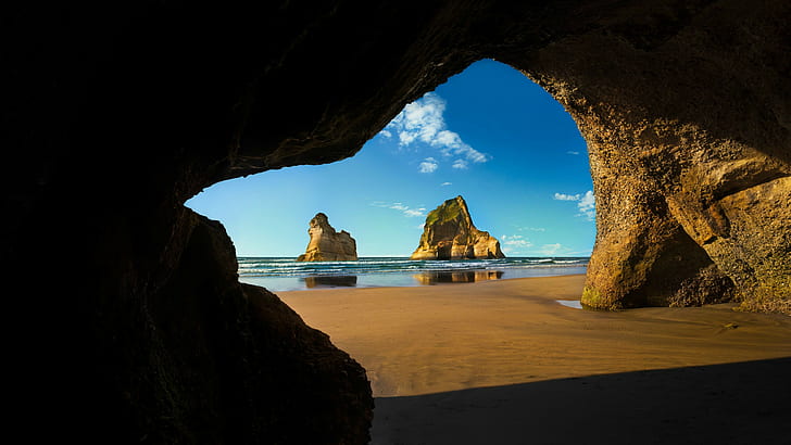 nature, paysage, nuages, grotte, roche, mer, horizon, lumière du soleil, ombre, sable, plage, vagues, Fond d'écran HD