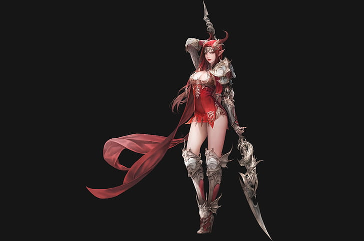 girl, weapons, horns, spear, pointy ears, league of angels, HD wallpaper