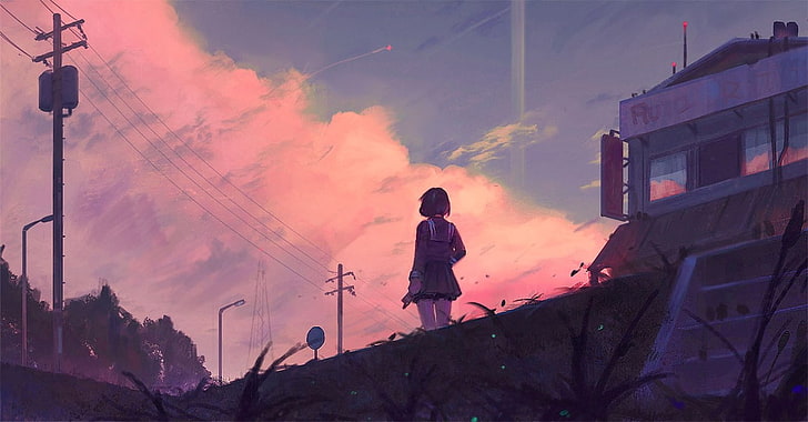 anime girls, zachód słońca, niebo, chłopaki, grafika, malarstwo, sztuka cyfrowa, Tapety HD