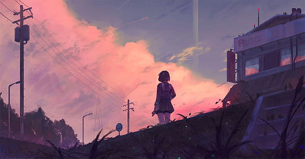 gadis anime, matahari terbenam, langit, Guweys, karya seni, lukisan, seni digital, Wallpaper HD HD wallpaper