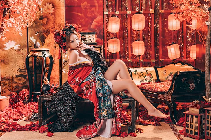 Asian, model, women, long hair, dark hair, sitting, hair ornament, Chinese lantern, HD wallpaper
