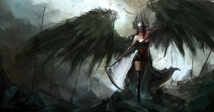 mujer con alas negras sosteniendo guadaña fondos digitales, guadaña, alas, arte de fantasía, Fondo de pantalla HD