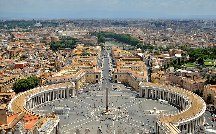 茶色と白のコンクリートの建物、空、風景、川、家、ローマ、パノラマ、通り、バチカン、テヴェレ川、サンピエトロ広場、サンピエトロ広場、 HDデスクトップの壁紙