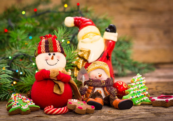 Selamat Natal, dekorasi, Tahun Baru, santa clause dan boneka salju keramik, bola, Natal, Tahun Baru, dekorasi, manusia salju, dekorasi, Selamat, Xmas, pohon Natal, Wallpaper HD