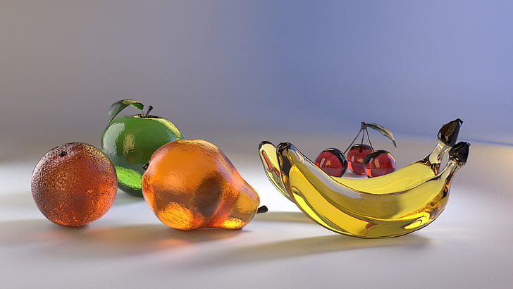 glass, Apple, orange, bananas, pear, cherry, banana, cherie, HD wallpaper