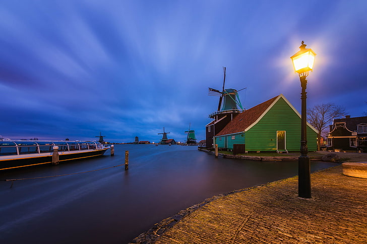 the sky, night, river, village, lighting, lantern, houses, mill, Netherlands, blue, the village, HD wallpaper