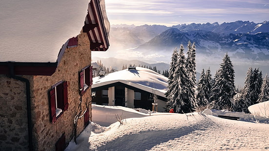 schnee, winter, himmel, bergige landformen, bergkette, berg, zuhause, haus, alpen, einfrieren, wolke, baum, landschaft, bergdorf, dorf, häuser, HD-Hintergrundbild HD wallpaper