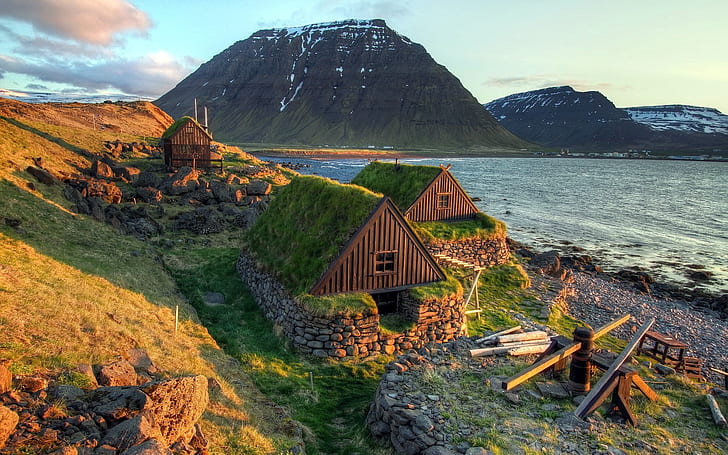 Islandia paisaje, costa, mar, casas, montañas, Islandia, paisaje, costa, mar, casas, montañas, Fondo de pantalla HD
