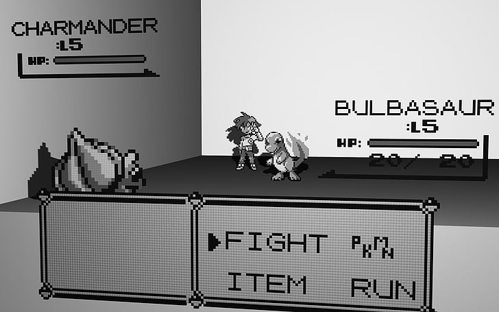 Bulbasaur, Charmander, bataille, pixel art, Pokémon, jeux vidéo, monochrome, Fond d'écran HD