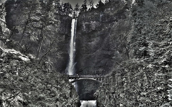 Wodospady Multnomah, wodospady, czerń, fotografia, wodospady, przyroda, spektakularne, białe, piękne, 3d i abstrakcyjne, Tapety HD