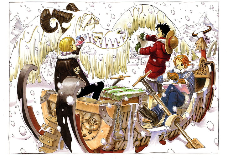 One Piece, Monkey D. Luffy, Nami, Sanji, nieve, anime, Fondo de pantalla HD