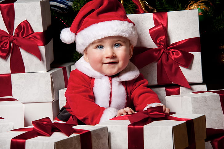 Fotografie, Baby, Blaue Augen, Weihnachten, Niedlich, Geschenk, Nikolausmütze, Lächeln, HD-Hintergrundbild