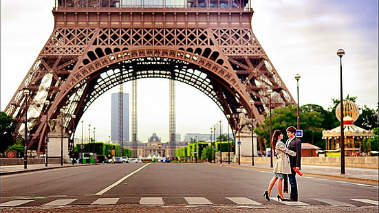 двойка, обиколка на Франция, Париж, Айфел, кула, HD тапет HD wallpaper