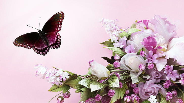 Summer Enchantment, firefox persona, white, butterfly, pink, flowers, bouquet, iris, lilacs, summer, rose, 3d and abstract, Tapety HD