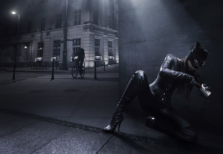 the city, boots, mask, costume, cyclist, Catwoman, tin, HD wallpaper
