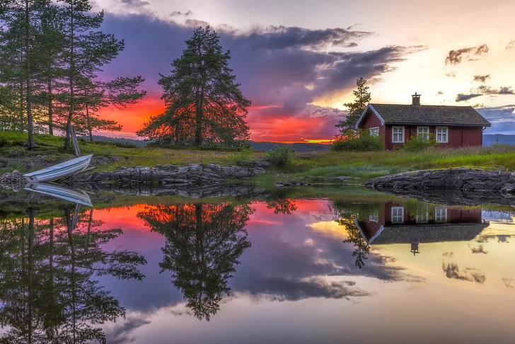 red house, trees, sunset, lake, house, reflection, boat, Norway, RINGERIKE, HD wallpaper