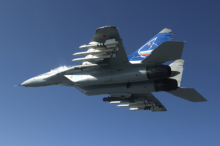 сив и черен боен самолет, Микоян МиГ-35, изтребител, ВВС на Русия, HD тапет