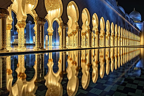 Reflexion, Pool, Architektur, die Sheikh Zayed Grand Moschee, Abu Dhabi, HD-Hintergrundbild HD wallpaper