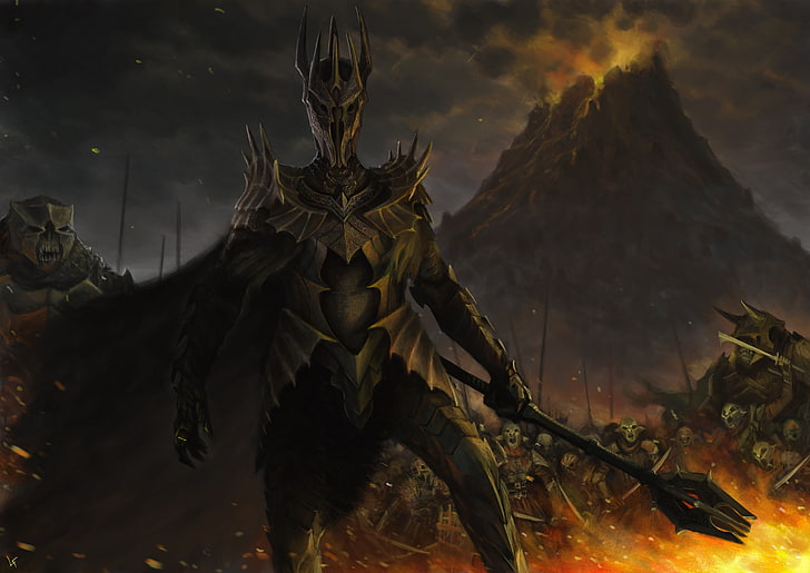 knight with staff wallpaper, fire, mountain, the Lord of the rings, art, battle, orcs, Mace, armor, Troll, laslolf, sauron, HD wallpaper