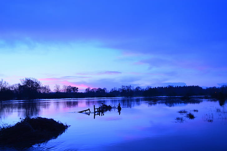 silhouette photo of body of water with trees, Purple, Sunrise, Swollen, Stour, silhouette, photo, body of water, trees, camera, d3200, danger, dorset, dslr, england, europe, flooding, nikon, reflection, river, south, travel, uk, views, nature, lake, tree, outdoors, water, landscape, forest, sunset, sky, HD wallpaper